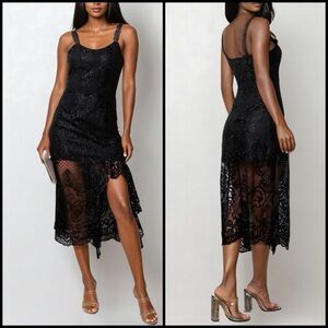 Reveuse Ruffle Hem Black Crochet Lace Semi sheer Coquette Goth Midi Sexy Dress L